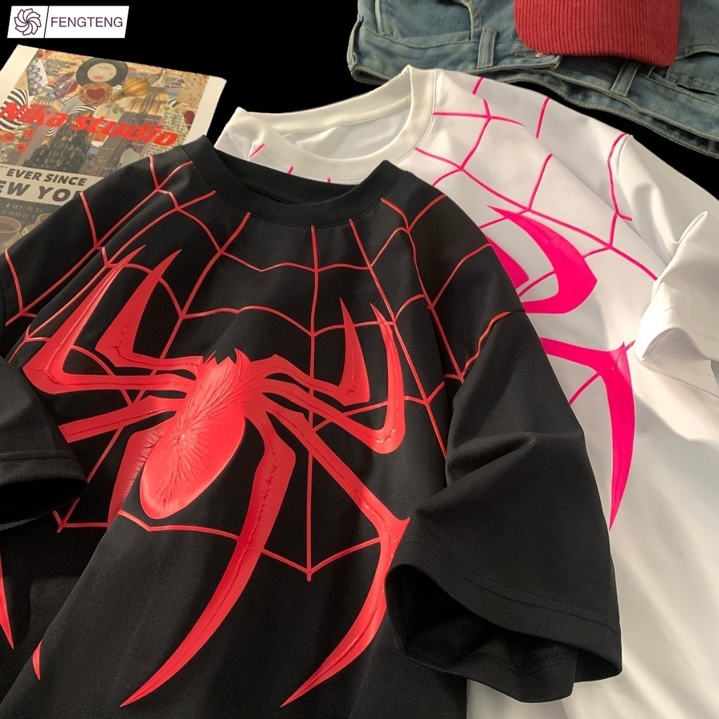 เสื้อผู้ชาย เสื้อยืด แขนสั้นลายแมงมุม อินเทรนด์ที่ขายดีที่สุด เวอร์ชั่นเกาหลีหลวมๆins ชุดคู่