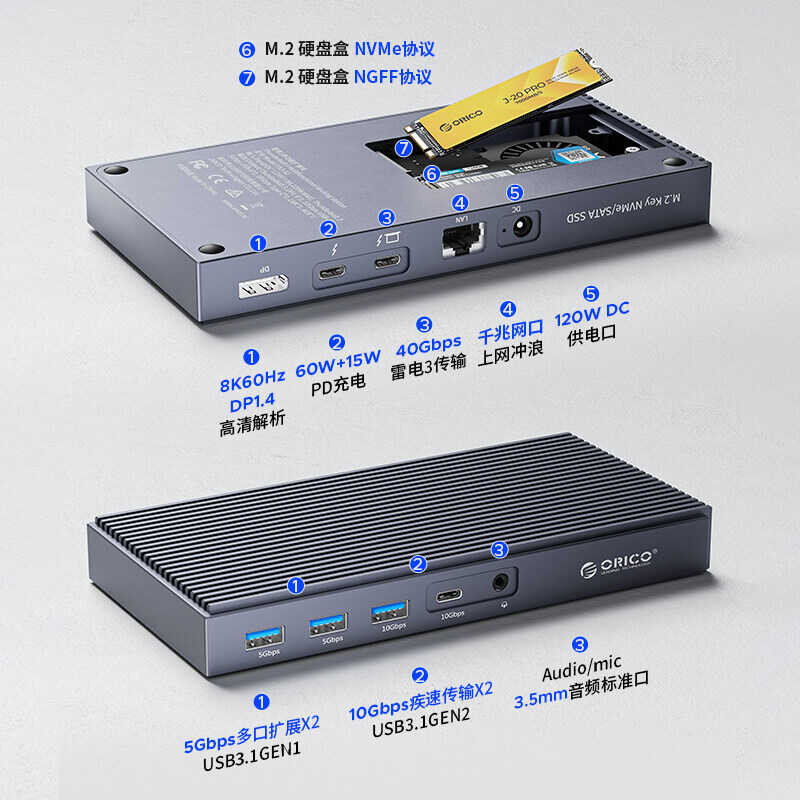 Thunderbolt 3 ORICO 40Gbps Type USB C HUB with M.2 NVME NGFF SSD Enclosure Docking Station 8K 60Hz