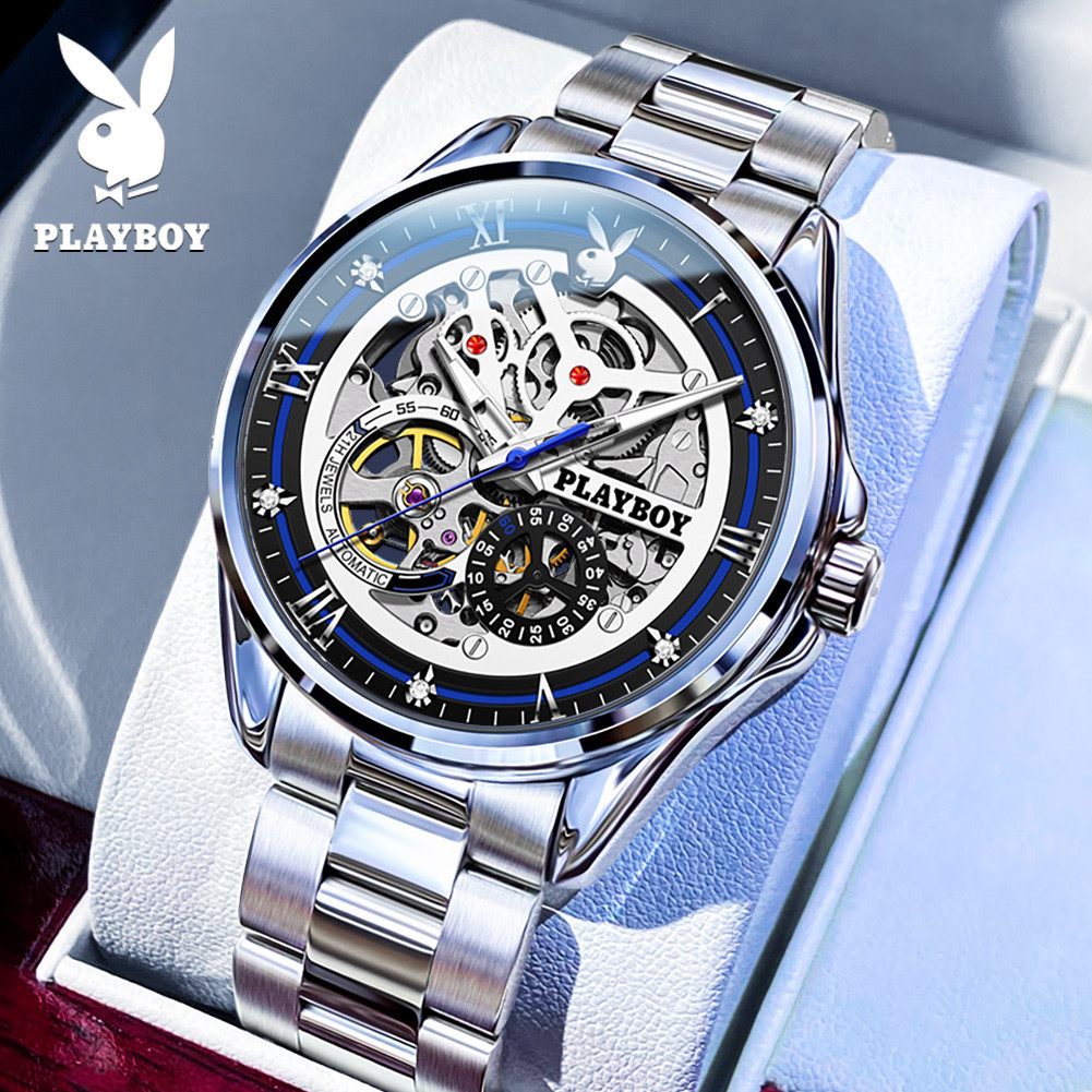 PLAYBOY นาฬิกาผู้ชาย กันน้ำ 100% ส่องสว่าง มีหน้าต่างปฏิทิน สายสเตนเลส  นาฬิกาควอตซ์ นาฬิกาธุรกิจ ข