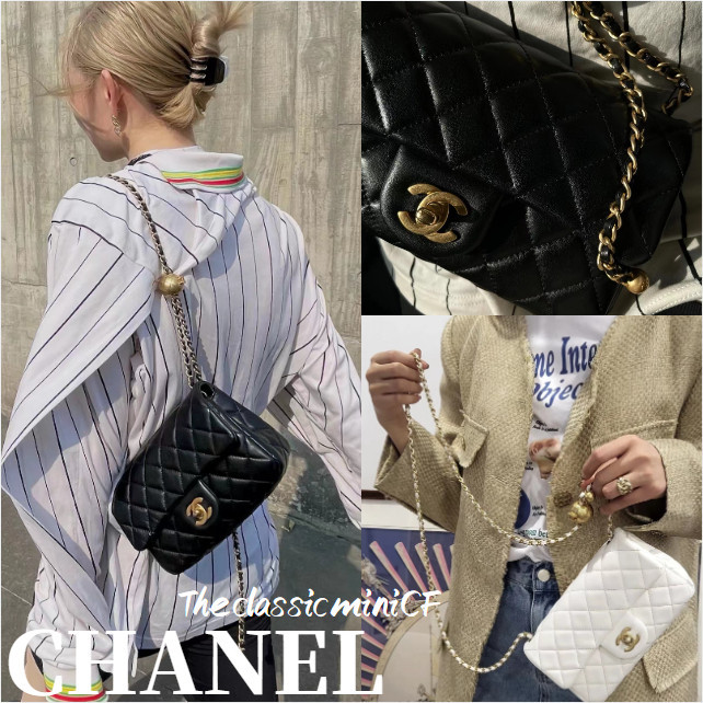 ♞,♘ชาแนล Chanel ลูกบอลสีทองขนาดเล็กขนาดใหญ่ miniCF หนังแกะคลาสสิกกระเป๋าพนังหัวเข็มขัดทองรูปขนมเปีย