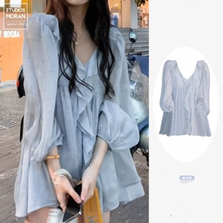 🍒 ชุดเดรสแขนยาวสีฟ้าจับจีบผ้าชีฟองแฟชั่นดีไซน์หลวมพอดีแฟชั่น…