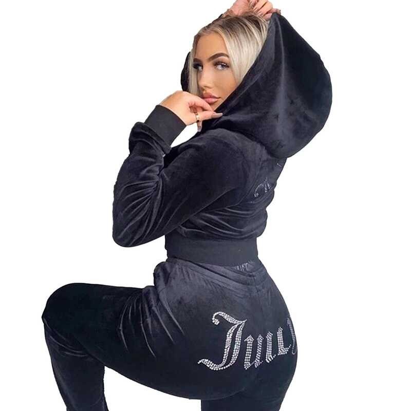 2 Piece Women Outfits Velour Tracksuit For Veet Jogging Workout Sets Long Sleeve Y2K Retro YK
