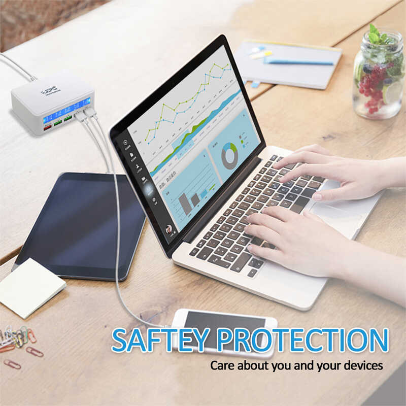 ❤ USB Charger With LED Digital Display,50W QC 3.0 5-Port Multi Station For Iphone Ipad Smart Phon