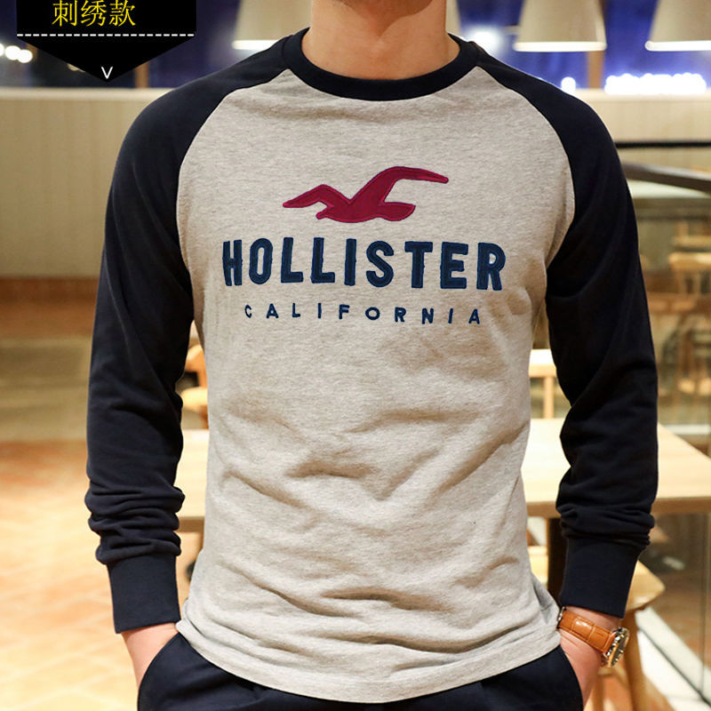 Hollister Af เสื้อยืดแขนยาวสําหรับผู้ชายเวอร์ชั่นเกาหลีพร้อมเสื้อกั๊กคอกลมขนาดใหญ่เสื้อฐานแขนยาวอินเ