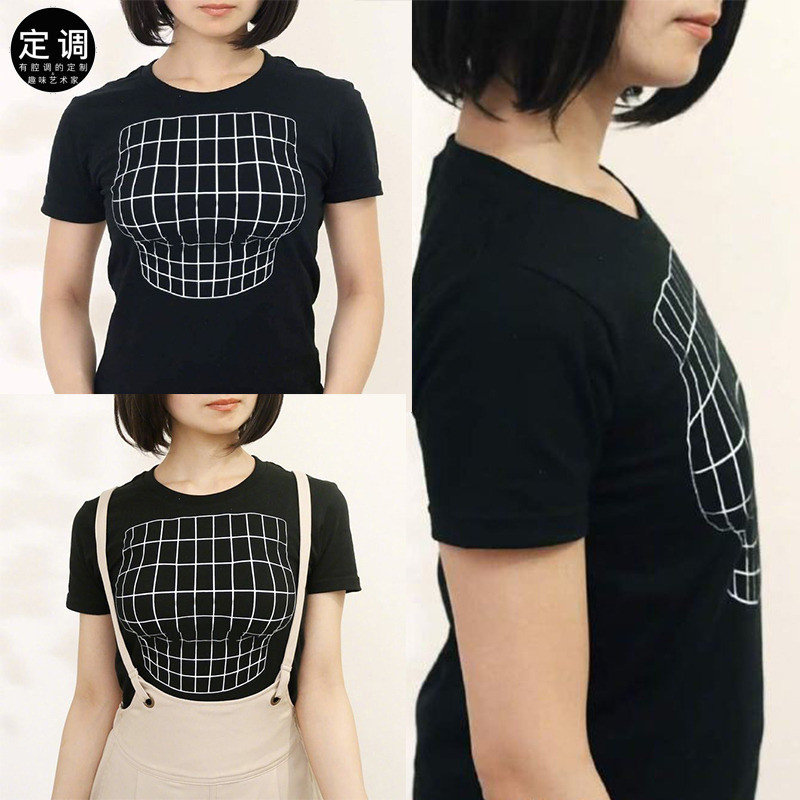 ตาเปลือย 3ง ขนาดใหญ่หน้าอกภาพลวงตาเส้นสนุกรอบคอสบายๆพิมพ์เสื้อผ้าแฟชั่นออกแบบเยาวชนแขนสั้นเสื้อยืด