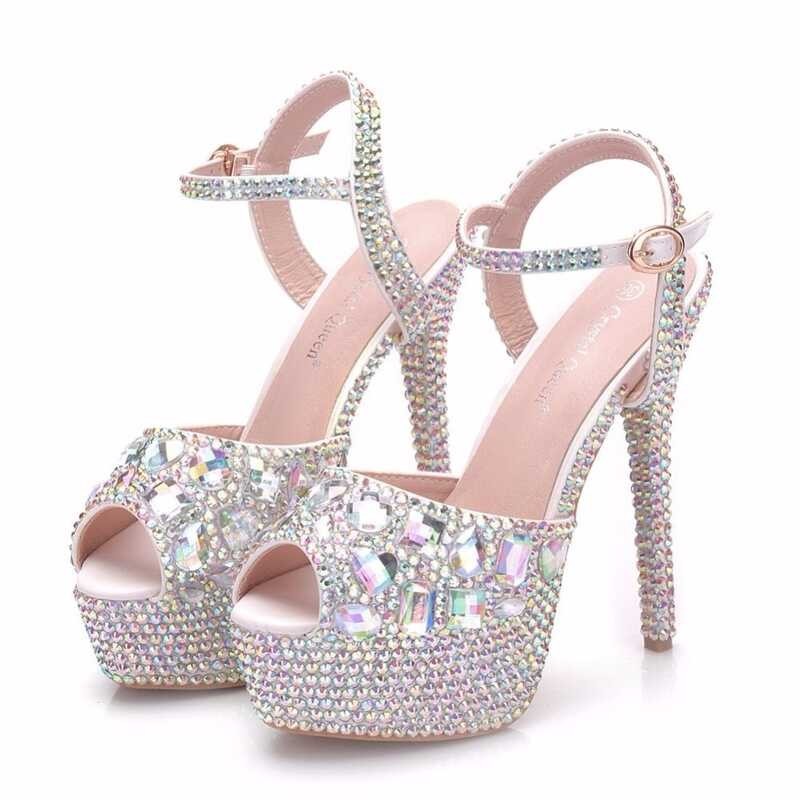 Queen Diamond Crystal Women Super High Heels Wedding Pumps 14cm Peep Shoes Platform 4CM Wristband C