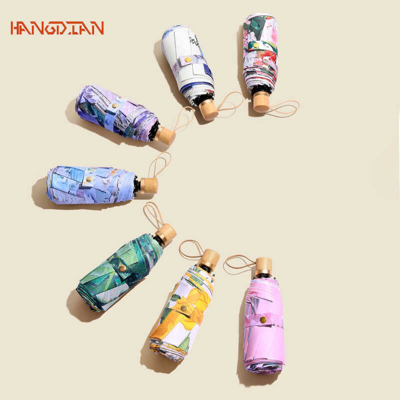 ❤ Double Print Wooden Handle Five-Fold Sun Protection And Rain Umbrella For Women