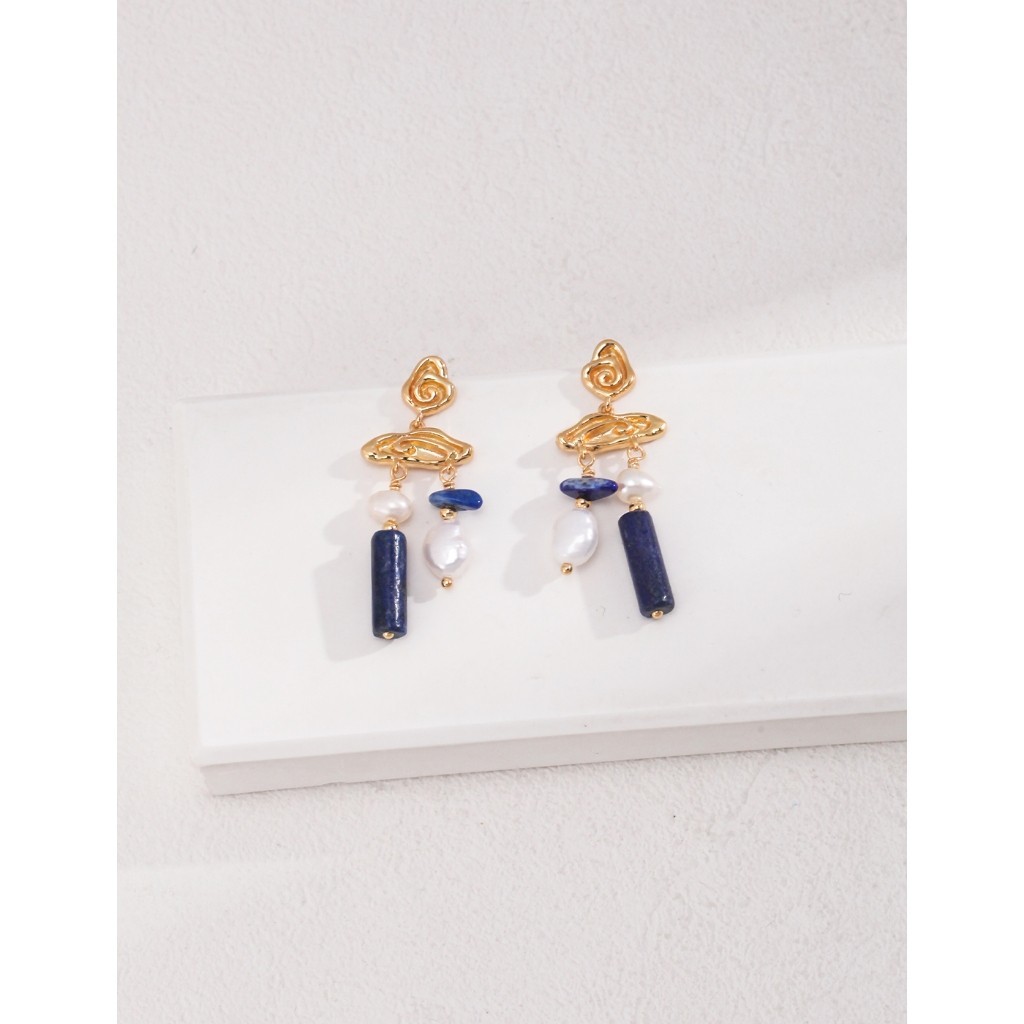Ran S Light Luxury Premium Sterling Silver Lapis Lazuli ต ่ างหูมุก