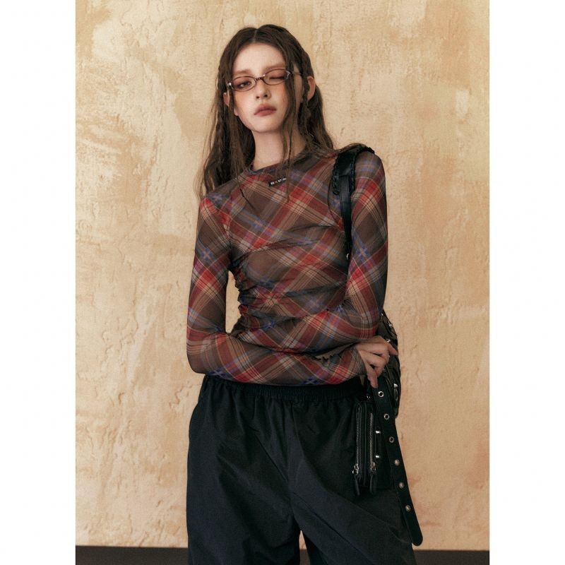 American Retro Hot Girl Plaid Design Gauze เสื้อยืดแขนยาวผู้หญิงฤดูร้อนบางเล็กน้อยโปร่งใส Slim-Fit