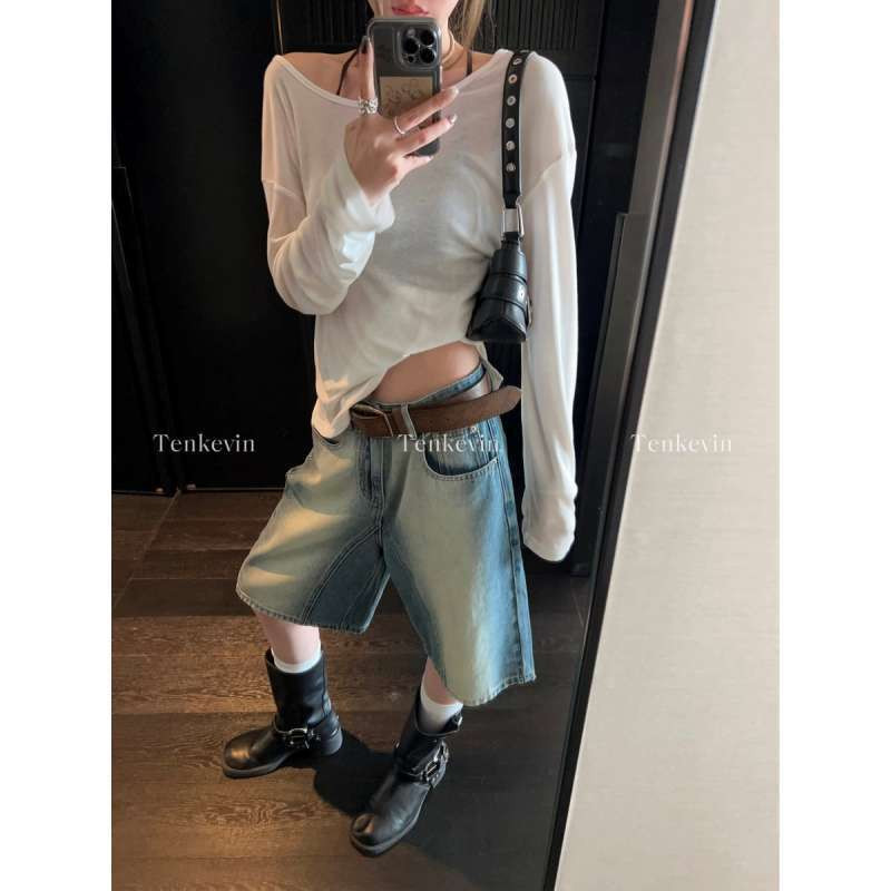 Shanmieleng High Street Ruffian Cool Profile Retro ตรงกางเกงยีนส ์ กางเกงขาสั ้ นผู ้ หญิงฤดูร ้ อนเอวสูงขากว ้ างหลวมห ้ าจุดกลางกางเกงหิน