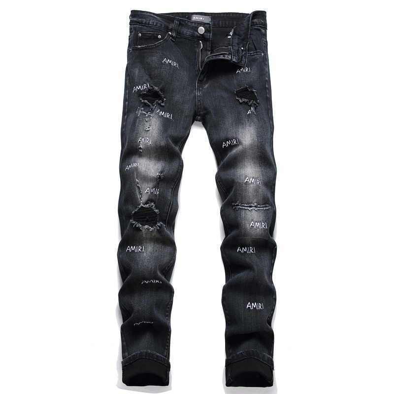 Amiri AMIRI American Black Ripped Jeans ผู้ชาย A-ตัวอักษรปักยืด-อินเทรนด์ Beggar กางเกง Casual อเนกป