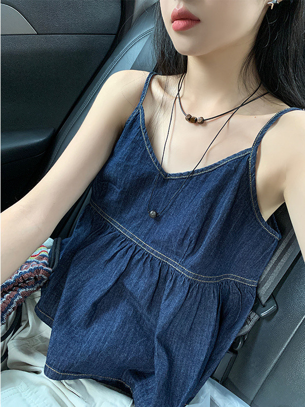 เวอร์ชั่นเกาหลี Design Niche V คอ Camisole เสื้อขนาดเล็กผู้หญิงฤดูร้อน Retro Classy เสื้อแขนกุดด้านบน