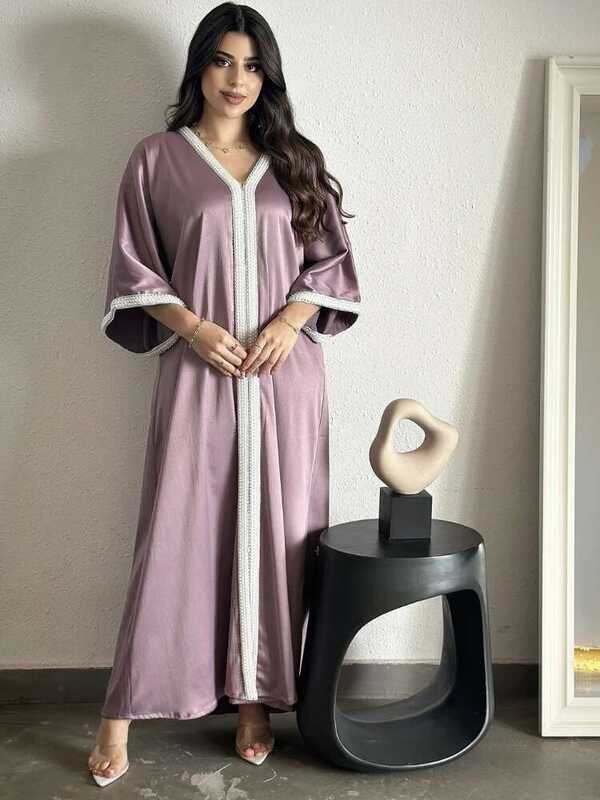 ▥ Eid Ramadan มุสลิมชุดสตรีประดับด้วยลูกปัด V คอ Abaya ชุดยาวโมร็อกโก Kaftan 2024 Vestidos ดูไบตุ