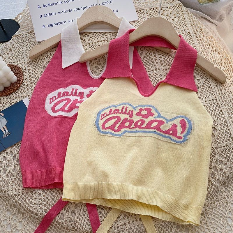 เสื้อกล้ามเชือกแขวนคอถักแบบใหม่ฤดูร้อนสำหรับผู้หญิงเสื้อสายเดี่ยวใส่ด้านนอกตัวสั้นปักลายตัวอักษรSL9