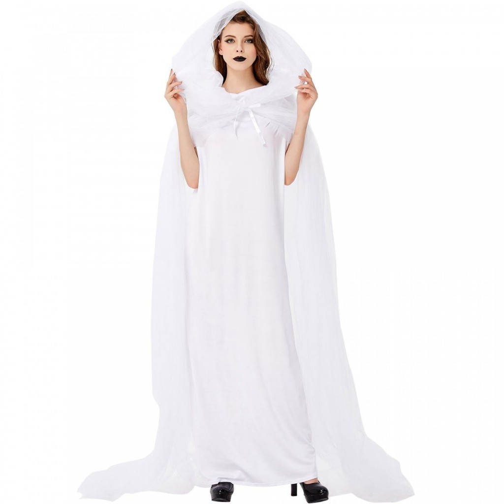 Halloween White Ghost Bride Costume Cosplay Masquerade Ghost Festival Vampire Cape Dress Costume