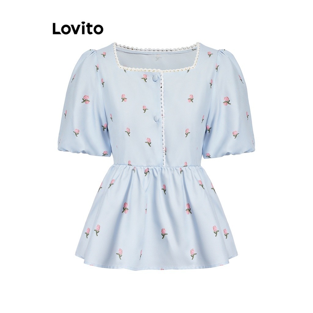 bananashop  ♞,♘,♙Lovito เสื้อเบลาส์ผู้หญิง คอแต่งระบาย แขนพอง แต่งกระดุม ชายระบาย ลายดอกไม้ สไตล์น่