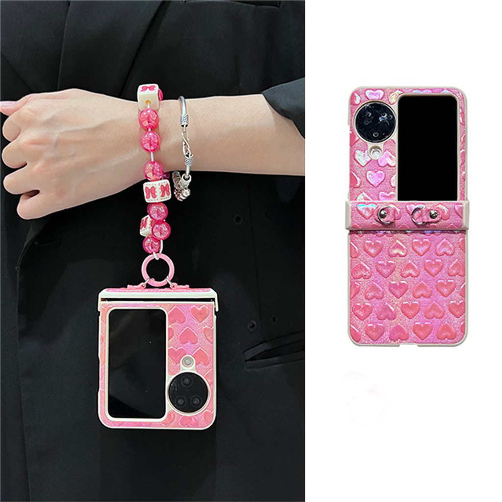 เกาหลีน่ารักเต็มหน้าจอหัวใจรัก Rose สีแดงเคสโทรศัพท์พร้อมสร้อยข้อมือโบว์สําหรับ OPPO ค้นหา N2 Flip findn3 พลิกค้นหา N3 พลิกกลับ