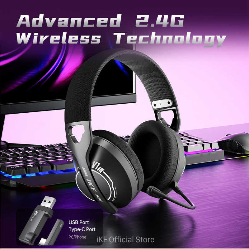 Headphones V1 Wireless 2.4G Bluetooth Headset Gaming With Microphone 50H Playtime Deep Bass, iKF AP