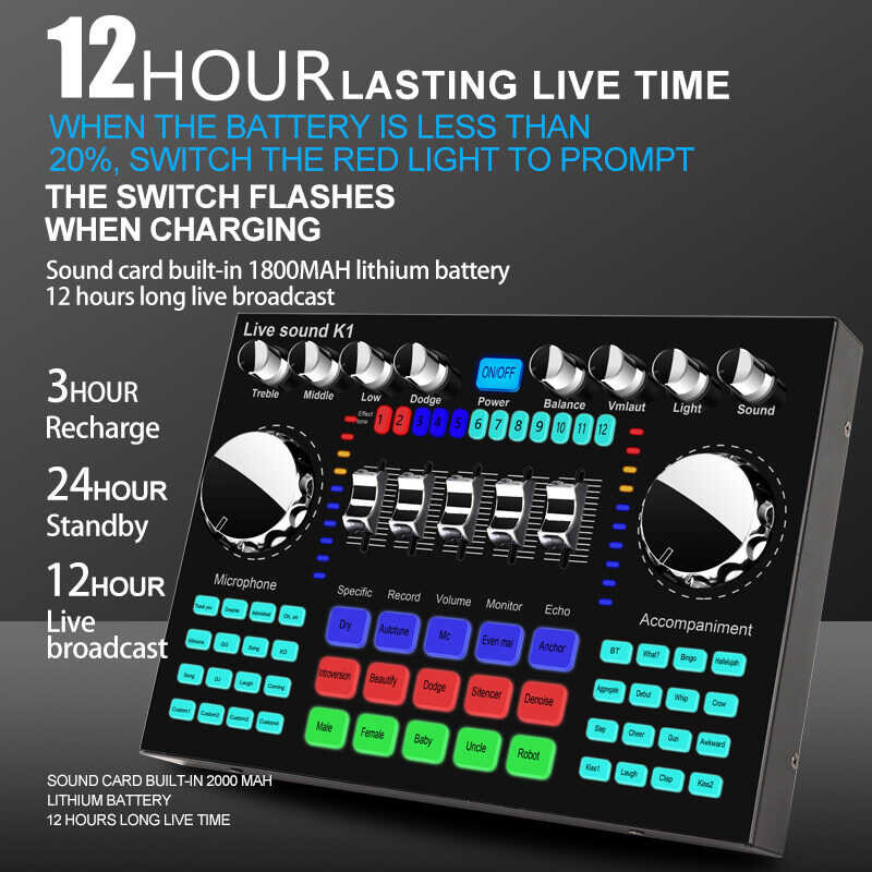 Phone K1 Computer Voice Changer HIFI Live Sound Card Mixer Board Streaming Audio Bluetooth 5.0 Univ