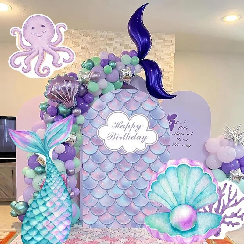 45/60/91 ซม.Ocean สัตว์กระดาษแข็ง Blue Shell Mermaid Tail Theme Party KT Board สําหรับอาบน้ําเด็ก 1st Birthday Party ฉากหลัง
