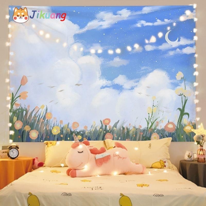 โซฟาด้านหลังภาพวาดสีน้ํามันภูมิทัศน์แขวนผ้าหอพักห้องนอนตกแต่งผนังผ้าข้างเตียงการเปลี่ยนแปลงพื้นหลังผ้าผนังปกน่าเกลียดพรม