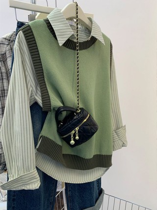 ฝรั่งเศสสีเขียวเสื้อกั๊กถักเสื้อกั๊กผู้หญิงชั้นเสื้อกันหนาวเ…