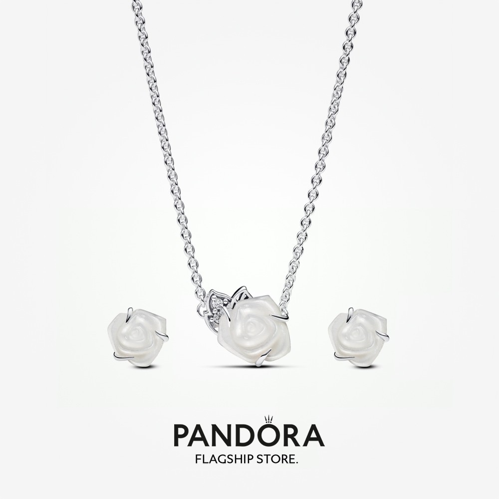 Pandora ชุดต่างหูสตั๊ด และสร้อยคอ ลายดอกกุหลาบ สีขาว