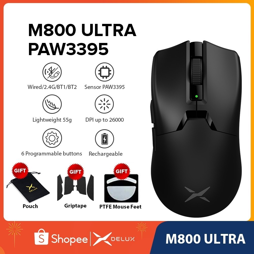 Delux M800 Ultra PAW3395 เมาส์เกมมิ่งบลูทูธไร้สาย DPI MAX 26000 RGB น้ําหนักเบา ชาร์จไฟได้ สําหรับ
