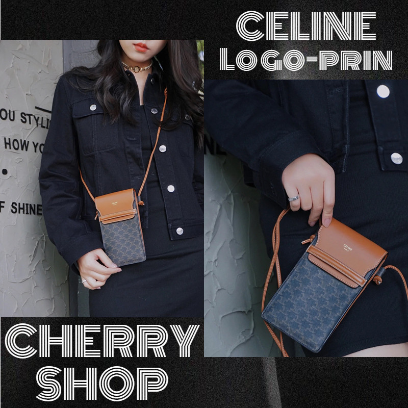 ♞ถูกที่สุด ของแท้ 100%/Celine Logo-print lambskin flap phone bag กระเป๋าสะพายข้าง/กระเป๋าใส่มือถือ
