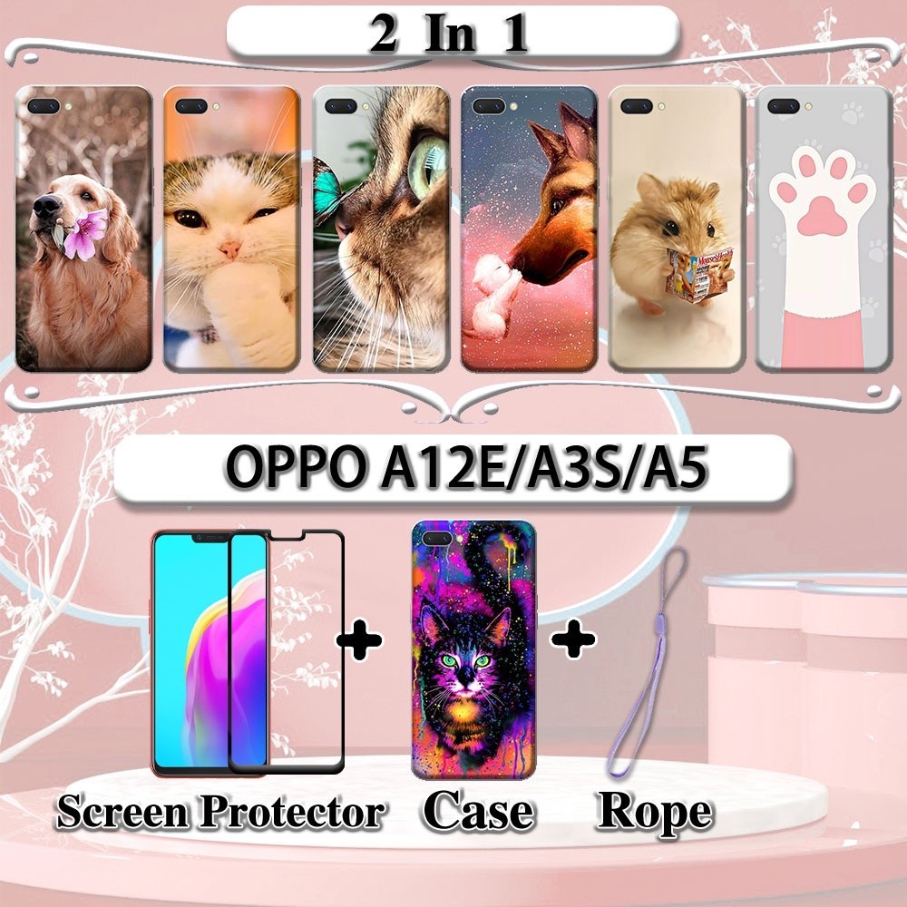 2 IN 1 OPPO A12E A3S A5 เคสพร้อมกระจกนิรภัยโค้งเซรามิคปกป้องหน้าจอแมวและสุนัข