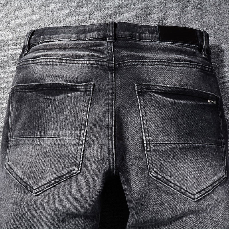 Amiri High Street Fashion Man Jeans กางเกงยีนส์สีดำผอมสีน้ำเงินหนัง Welt ปุ่มด้านหน้าออกแบบกางเกงยี