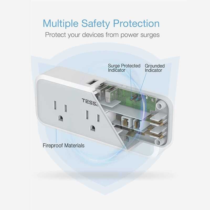 ❤ 8 In 1 Multi Adaptor Extender Type C Port - TESSAN Prong 2 Pin Outlet Adapter, 3 (1 USB C), 5 O