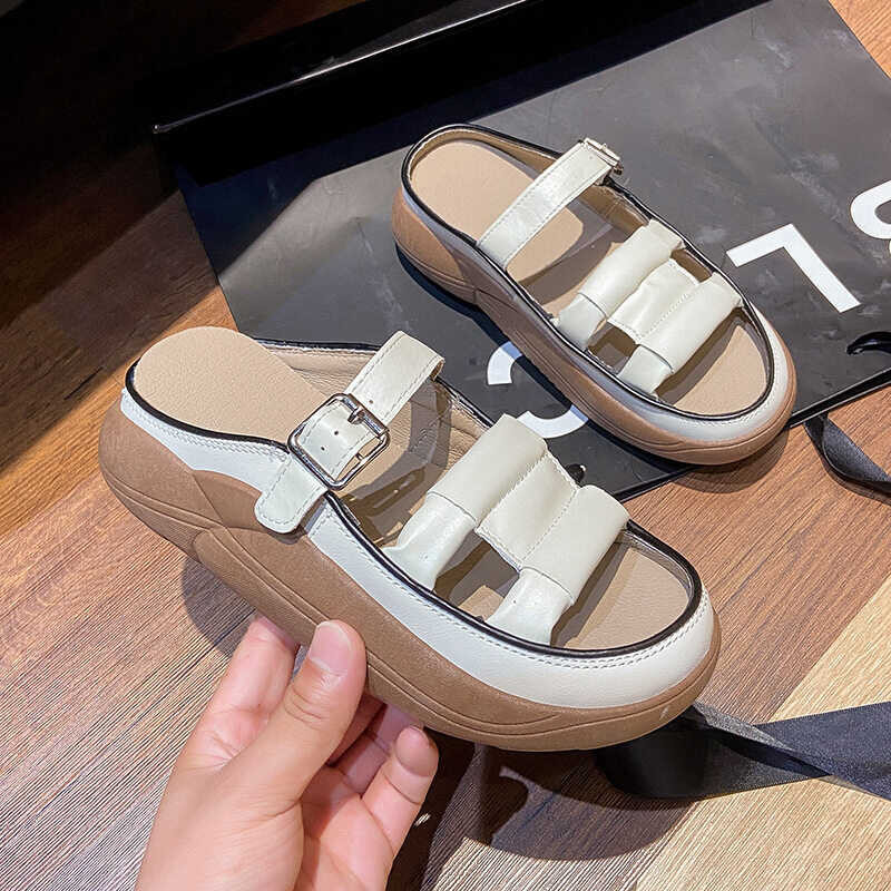 Leather VIWANA Wedge Retro Height Increaing 2022 New Korean Style Thick Slipper For Caual Outdoor S