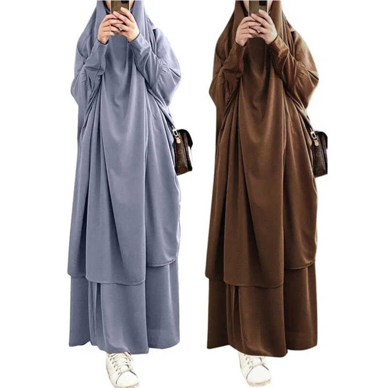 ▥ Eid มุสลิมผู้หญิงยาว Khimar + กระโปรง 2 ชิ้นชุดสวดมนต์เสื้อผ้า Aaya Ramadan ชุดดูไบอาหรับอิสลาม