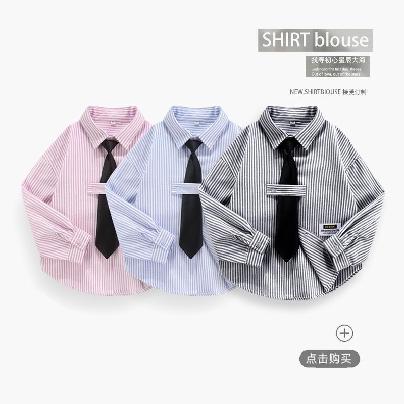 ใหม่ เสื้อเชิ้ตแขนยาว คอปก ผ้าฝ้ายแท้ ลายทาง สไตล์เกาหลีตะวันตก สีฟ้า สําหรับเด็กผู้ชาย และผู้หญิง