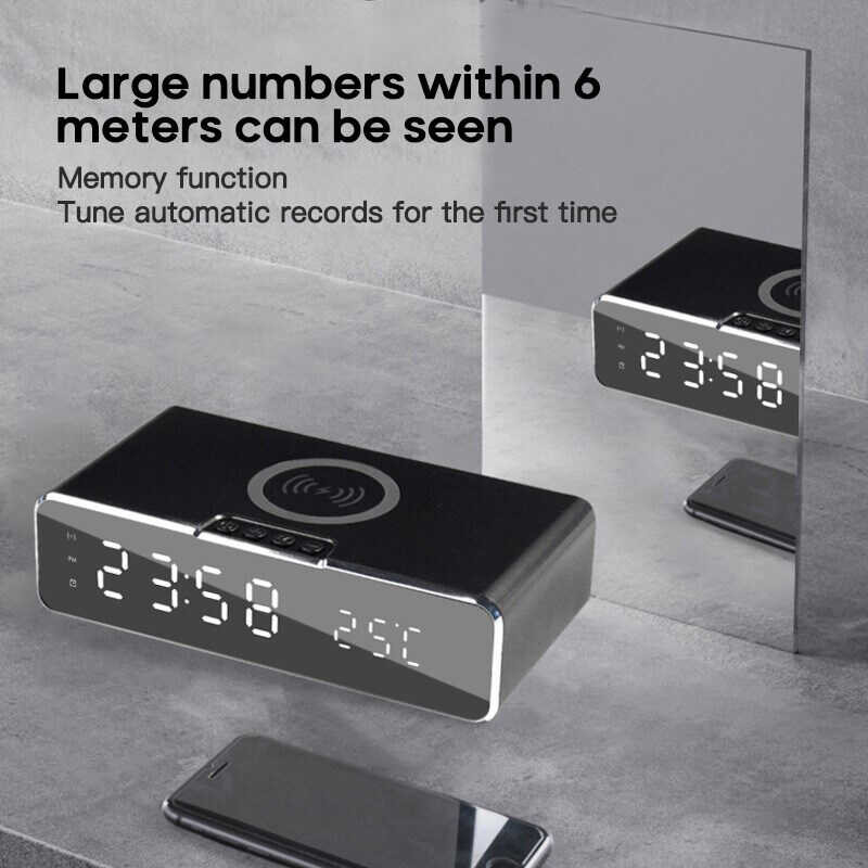 ❤ Temoo 3 In 1 Charger LED Electric Alarm Digital Thermometer HD Mirror Clock 10W Charger For Ios