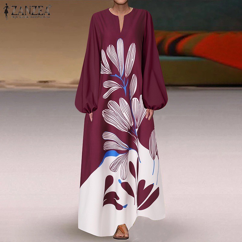bananashop  ♞,♘Zanzea ชุดเดรสยาวสําหรับสตรีแขนพัฟพิมพ์ลายดอกไม้ทรงหลวม