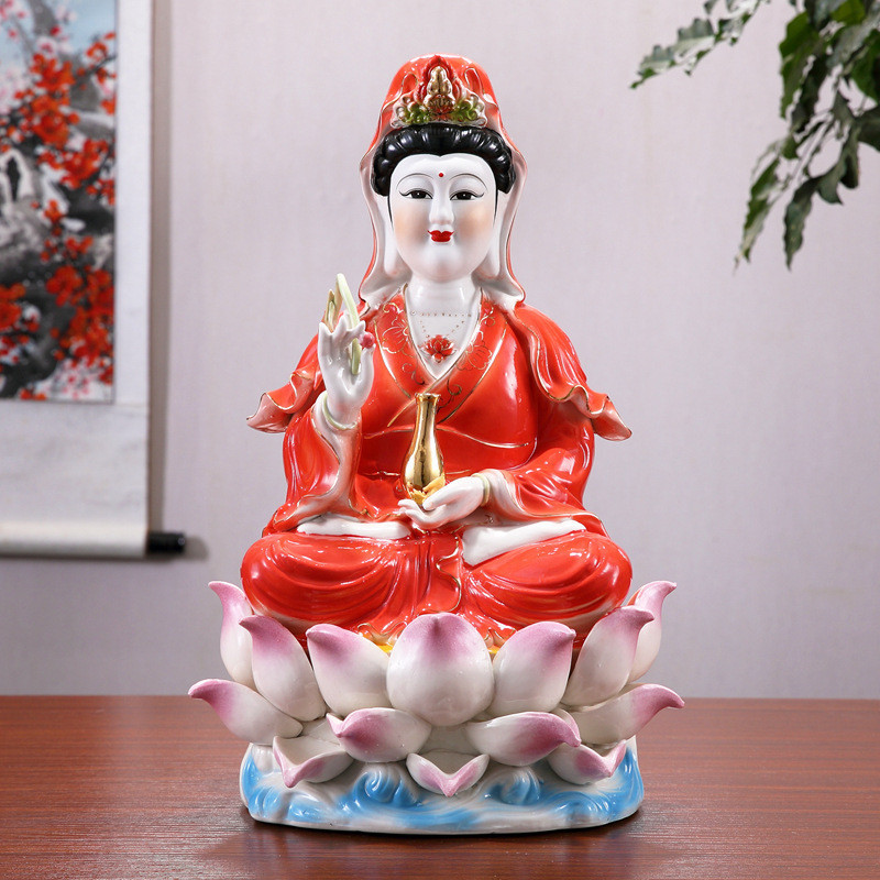 Ceramic Buddha Statue Nanhai Guanyin Bodhisattva Jade Porcelain Chinese Red Lotus Flower Guanyin