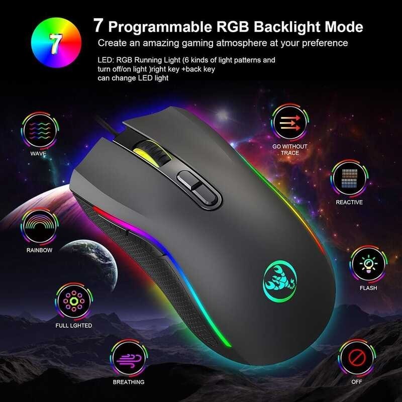 RGB Game Gaming E-Sports Mice 7200dpi ro Programmable 7 Buttons Optical USB Wired For Laptop PC Gam 