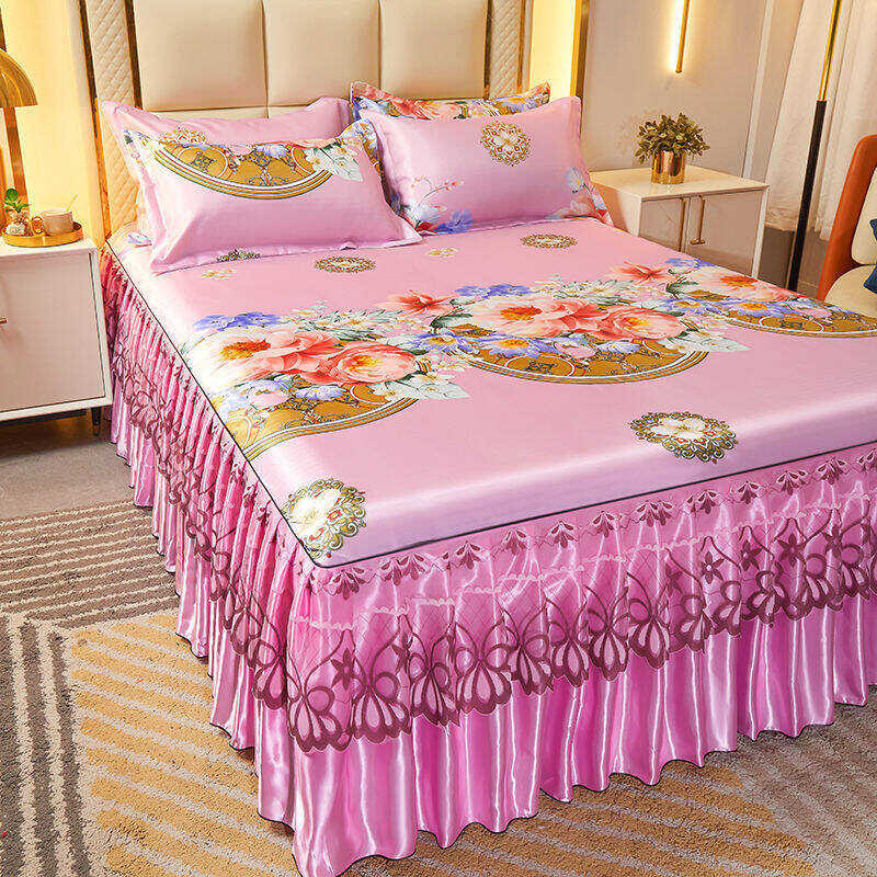Soft 3In1 Super Flower Printed Skirt Ice Silk Queen King Size Mattress Cover 4/5/6 Foot Bed Sheet +