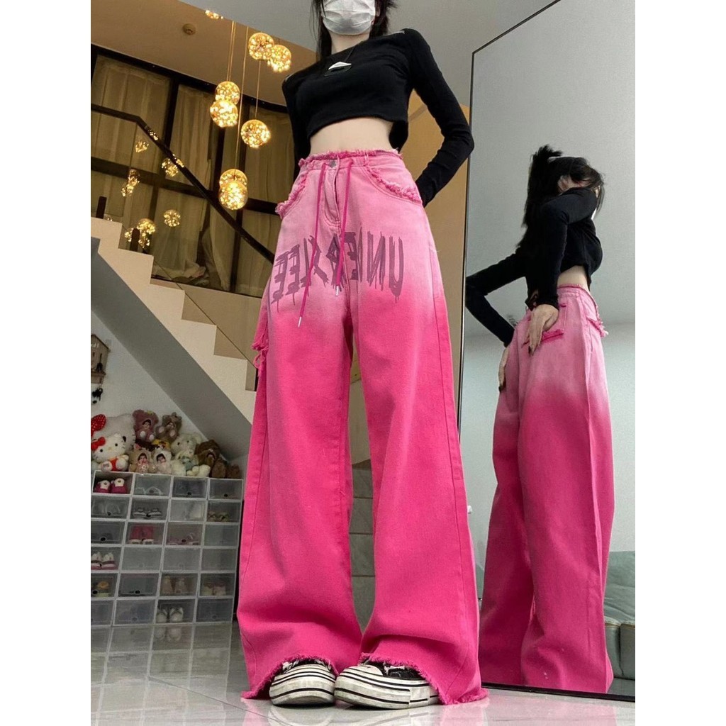 American Retro Pink Ripped กางเกงยีนส์ผู้หญิง Drawstring Design หลวม Slimmer ดูกางเกงขากว้าง