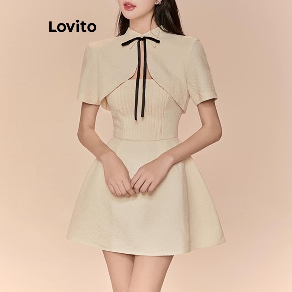 Lovito ชุดเซ็ทกระโปรง เขือกผูก สีพื้น สไตล์ลำลอง สำหรับผู้หญิง L64AD061 (เสื้อ/ชุดเซต/เดรส)