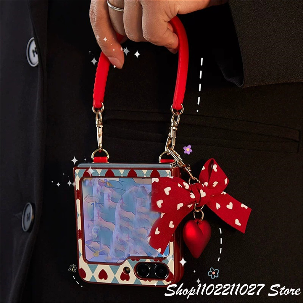 น่ารักเกาหลี Love Heart Bow จี้ Rhombus Lattice Case กระเป๋าถือสําหรับ Galaxy Z Flip5 Flip 5 Z Flip3 Zflip5 Zflip5 Flip 4 Flip5 ฝาครอบ