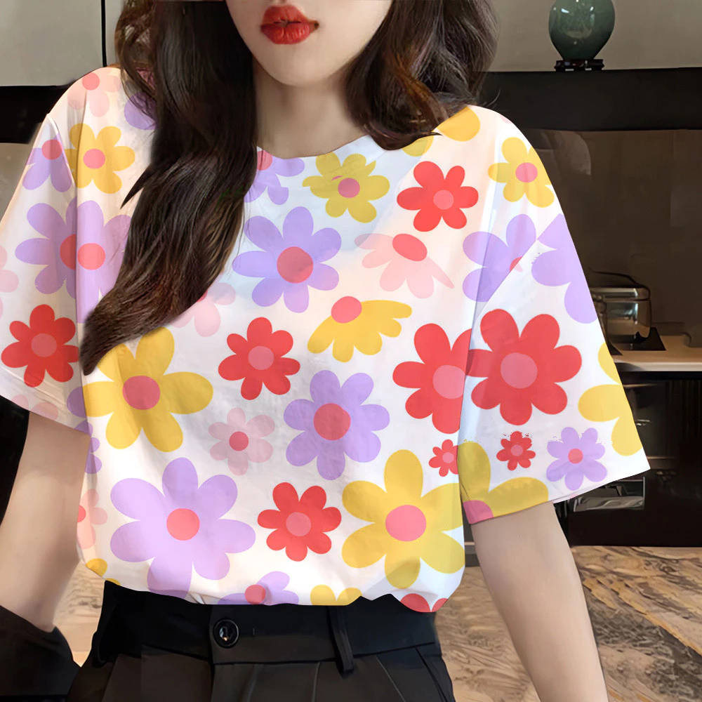 เสื้อลายดอกแขนสั้นทรงคราน ผู้หญิง ฤดูร้อน ไซส์ใหญ่