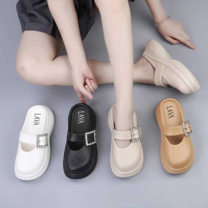 เพิ่ม+1ไซส์ LAVA แบรนด์แท้ 168 รองเท้าเปิดส้น(สั่ง+เพิ่ม1ไซส์) พื้นสูง 5 ซม แต่งเข็มขัดเพชรสไตล