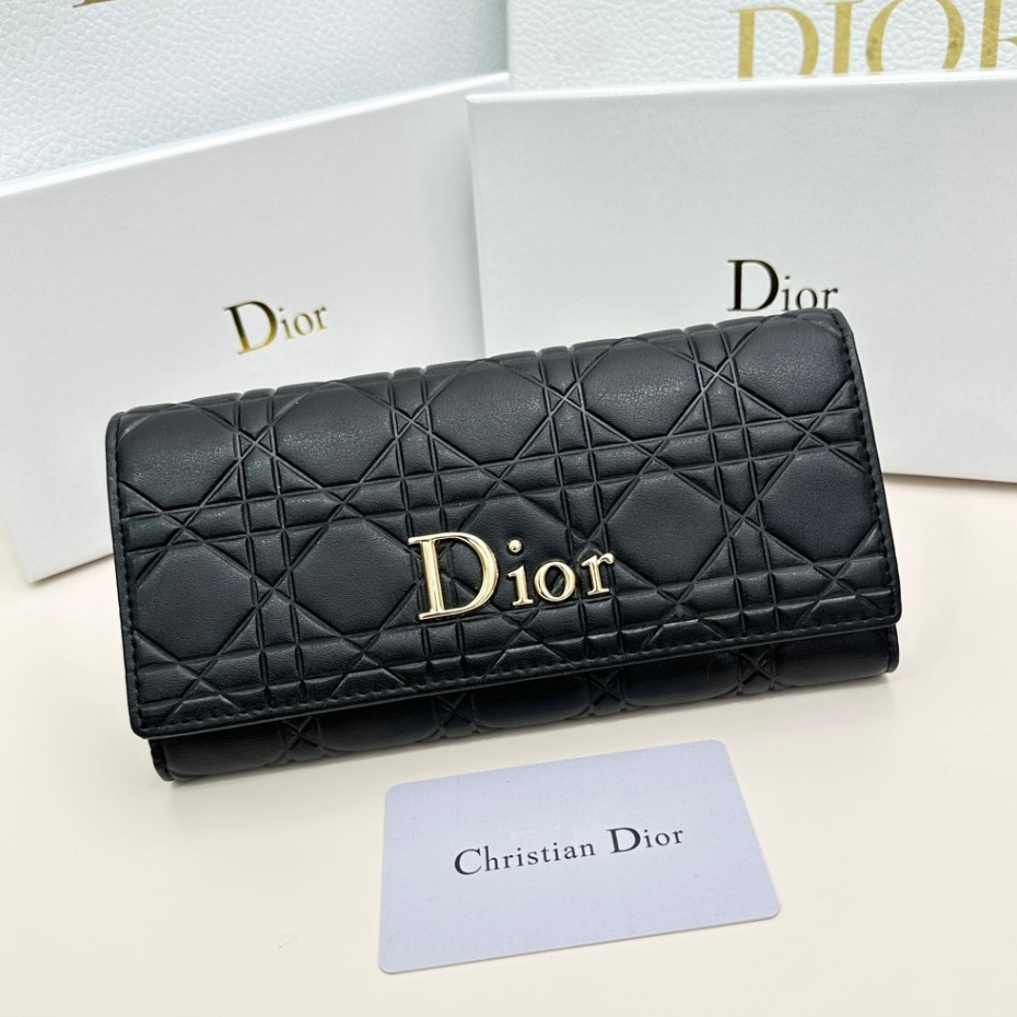 Dior ของแท้ Dior กระเป๋าสตางค์ใบยาว หนังวัวแท้ ทรงคลัทช์ พับได้ คุณภาพสูง สีดํา สําหรับผู้หญิง ขนาด