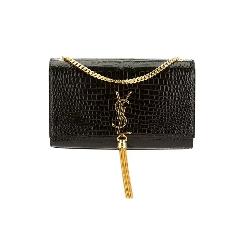 YSL/บะหมี่บะหมี่หนังเย็น/ถุงแบน/ไหล่ crossbody bags/กระเป๋าผู้หญิง/สีดำ 100%ของแท้