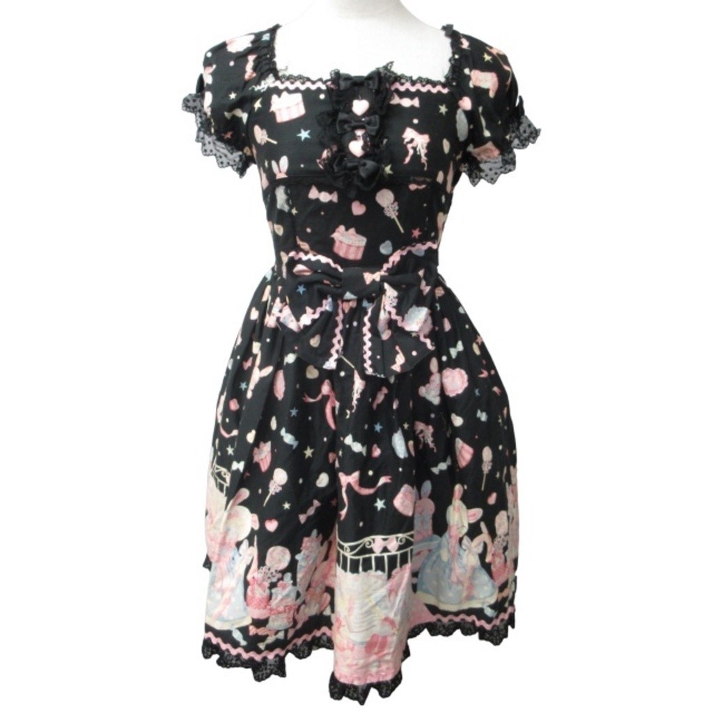 Angelic Pretty Dress ความยาวเข่า สีดํา สีชมพู F ส่งตรงจากญี่ปุ่น มือสอง
