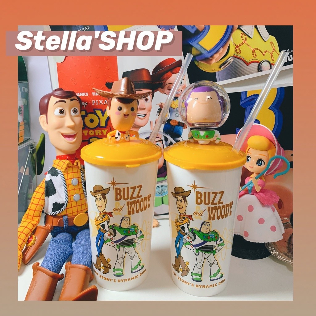 ของแท้ Toy Story 4 Woody Buzz Lightyear แก้วน้ําพลาสติก ทรงหัวเขย่า พร้อมหลอดดูดน้ํา