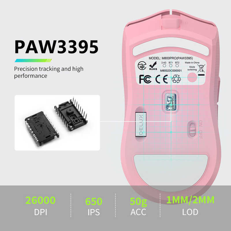 PRO Delux M800 PAW3395 Gaming Mouse DPI MAX 26000 Wired 2.4G Bluetooth Wireless Rechargeable Progra